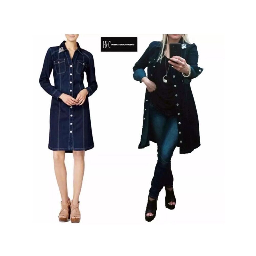 NWT INC Blue Denim Shirt Dress Stretch Long Jacket